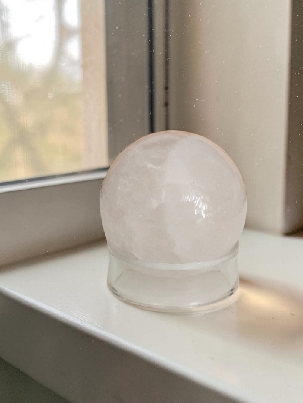 Rose Quartz Crystal Sphere on Glass Stand - Translucent White